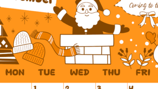 2026年12月縦型日曜始まり サンタのイラストがかわいいA4無料オレンジのカレンダー(2026-01061210)