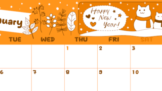 2026年1月横型月曜始まり 雪と猫イラストのかわいいA4無料オレンジのカレンダー(2026-01060101)