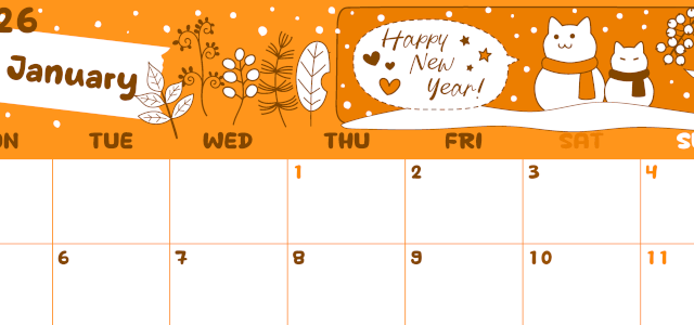 2026年1月横型月曜始まり 雪と猫イラストのかわいいA4無料オレンジのカレンダー(2026-01060101)