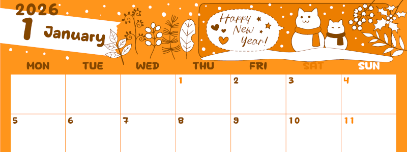 2026年1月横型月曜始まり 雪と猫イラストのかわいいA4無料オレンジのカレンダー(2026-01060101)