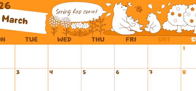 2026年3月横型月曜始まり ポップかわいい白熊イラストのA4無料オレンジのカレンダー(2026-01060301)