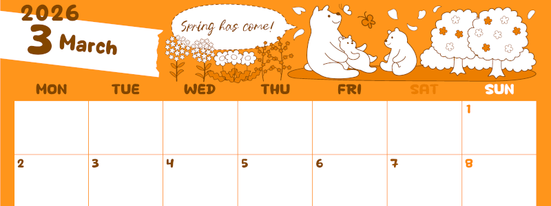 2026年3月横型月曜始まり ポップかわいい白熊イラストのA4無料オレンジのカレンダー(2026-01060301)
