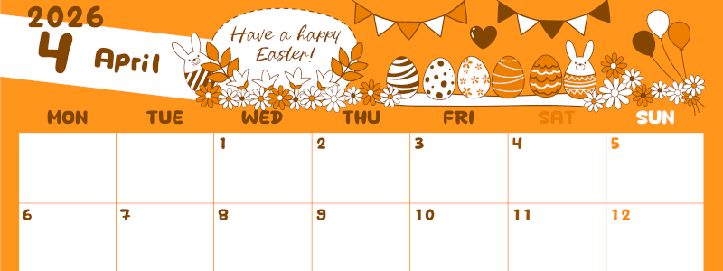 2026年4月横型月曜始まり イースターエッグイラストのかわいいA4無料オレンジのカレンダー(2026-01060401)