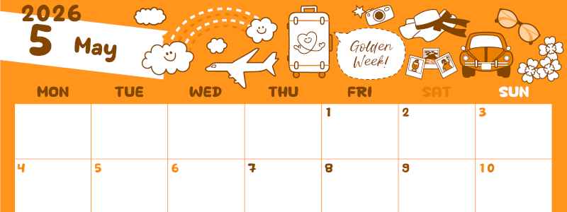 2026年5月横型月曜始まり GWイラストのかわいいA4無料オレンジのカレンダー(2026-01060501)
