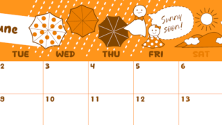 2026年6月横型月曜始まり 季節イラストのかわいいA4無料オレンジのカレンダー(2026-01060601)