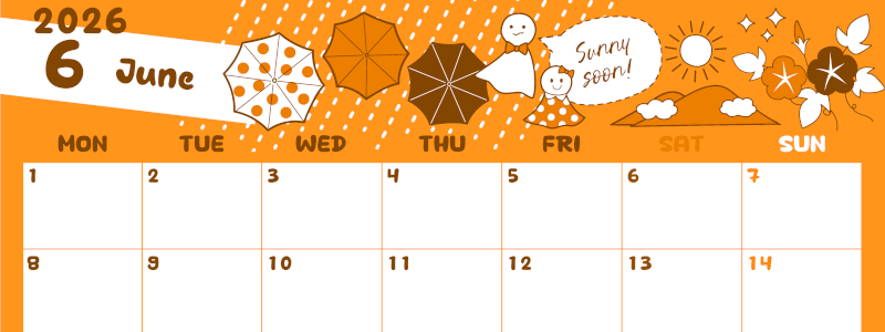 2026年6月横型月曜始まり 季節イラストのかわいいA4無料オレンジのカレンダー(2026-01060601)