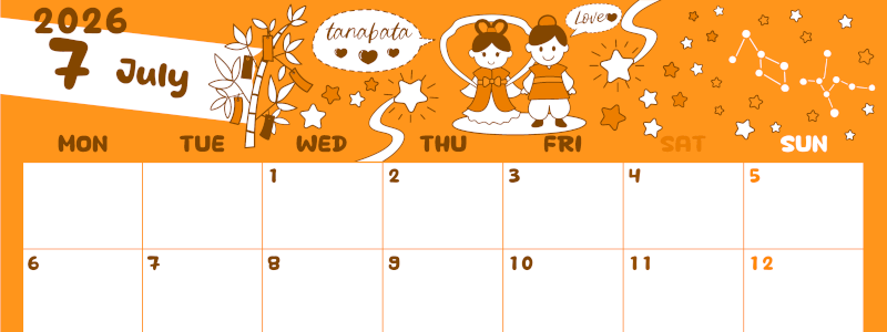 2026年7月横型月曜始まり ポップなイラストがかわいいA4無料オレンジのカレンダー(2026-01060701)