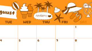 2026年8月横型月曜始まり 海岸イラストのかわいいA4無料オレンジのカレンダー(2026-01060801)