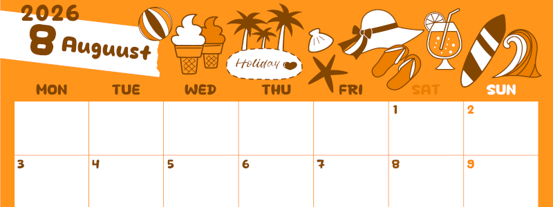 2026年8月横型月曜始まり 海岸イラストのかわいいA4無料オレンジのカレンダー(2026-01060801)