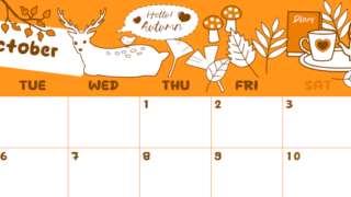 2026年10月横型月曜始まり 鹿のイラストがかわいいA4無料オレンジのカレンダー(2026-01061001)
