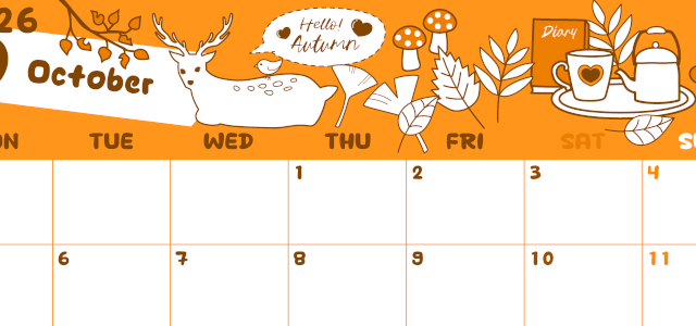 2026年10月横型月曜始まり 鹿のイラストがかわいいA4無料オレンジのカレンダー(2026-01061001)