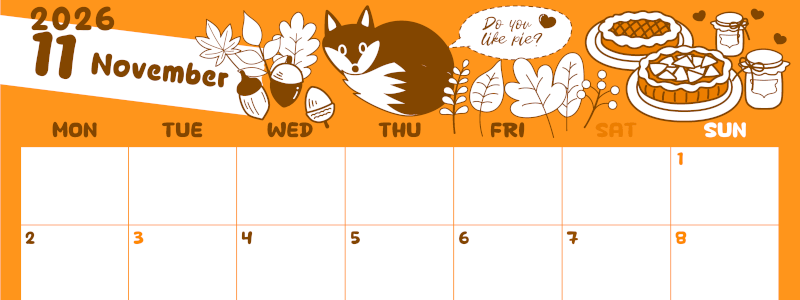2026年11月横型月曜始まり アップルパイのイラストがかわいいA4無料オレンジのカレンダー(2026-01061101)