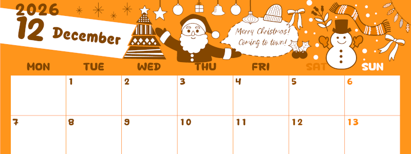 2026年12月横型月曜始まり サンタのイラストがかわいいA4無料オレンジのカレンダー(2026-01061201)