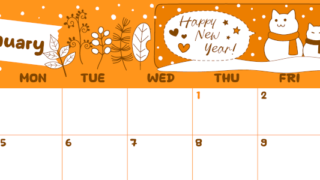 2026年1月横型日曜始まり 雪だるま猫イラストのかわいいA4無料オレンジのカレンダー(2026-01060100)