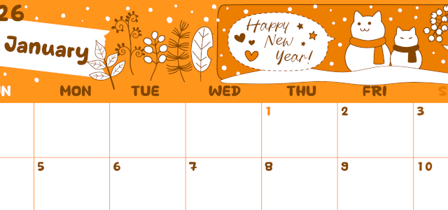 2026年1月横型日曜始まり 雪だるま猫イラストのかわいいA4無料オレンジのカレンダー(2026-01060100)