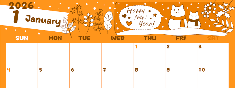 2026年1月横型日曜始まり 雪だるま猫イラストのかわいいA4無料オレンジのカレンダー(2026-01060100)