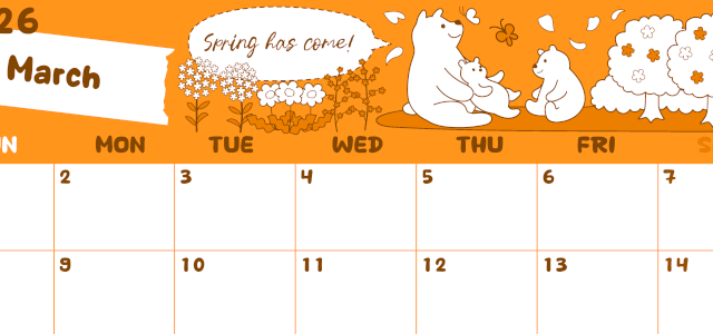 2026年3月横型日曜始まり ポップかわいい白熊イラストのA4無料オレンジのカレンダー(2026-01060300)