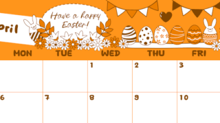 2026年4月横型日曜始まり イースターエッグイラストのかわいいA4無料オレンジのカレンダー(2026-01060400)