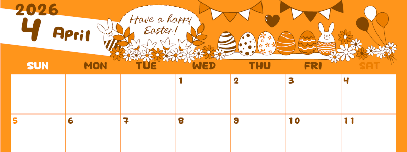 2026年4月横型日曜始まり イースターエッグイラストのかわいいA4無料オレンジのカレンダー(2026-01060400)