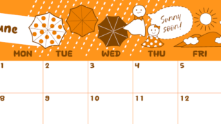 2026年6月横型日曜始まり 季節イラストのかわいいA4無料オレンジのカレンダー(2026-01060600)