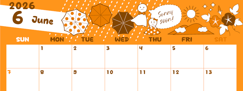 2026年6月横型日曜始まり 季節イラストのかわいいA4無料オレンジのカレンダー(2026-01060600)