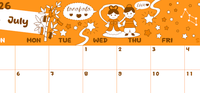 2026年7月横型日曜始まり ポップなイラストがかわいいA4無料オレンジのカレンダー(2026-01060700)