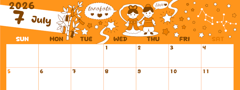 2026年7月横型日曜始まり ポップなイラストがかわいいA4無料オレンジのカレンダー(2026-01060700)