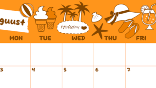 2026年8月横型日曜始まり 海岸イラストのかわいいA4無料オレンジのカレンダー(2026-01060800)