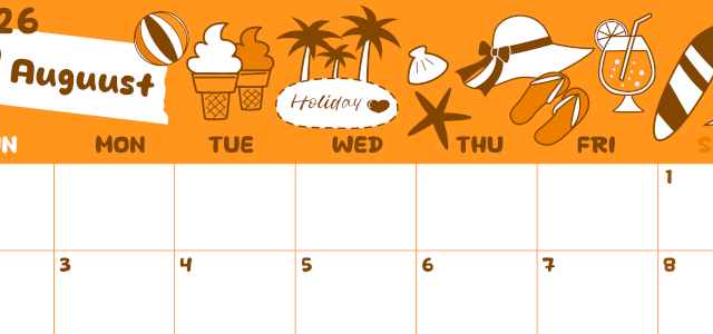 2026年8月横型日曜始まり 海岸イラストのかわいいA4無料オレンジのカレンダー(2026-01060800)