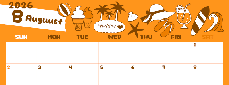 2026年8月横型日曜始まり 海岸イラストのかわいいA4無料オレンジのカレンダー(2026-01060800)
