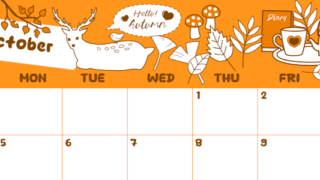 2026年10月横型日曜始まり 鹿のイラストがかわいいA4無料オレンジのカレンダー(2026-01061000)