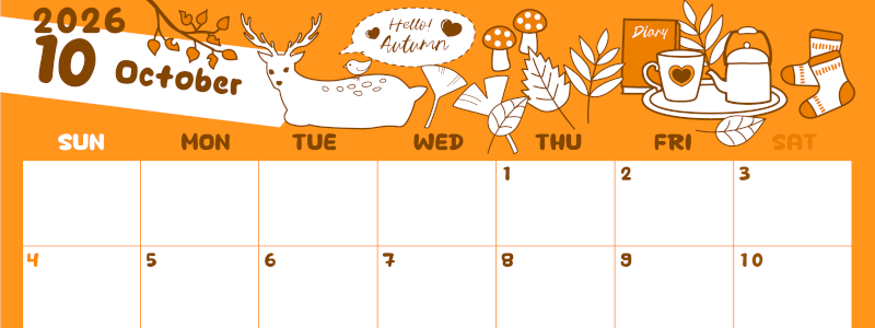 2026年10月横型日曜始まり 鹿のイラストがかわいいA4無料オレンジのカレンダー(2026-01061000)