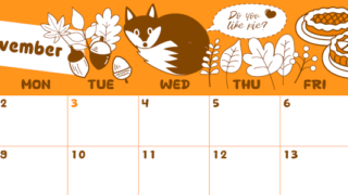 2026年11月横型日曜始まり アップルパイのイラストがかわいいA4無料オレンジのカレンダー(2026-01061100)