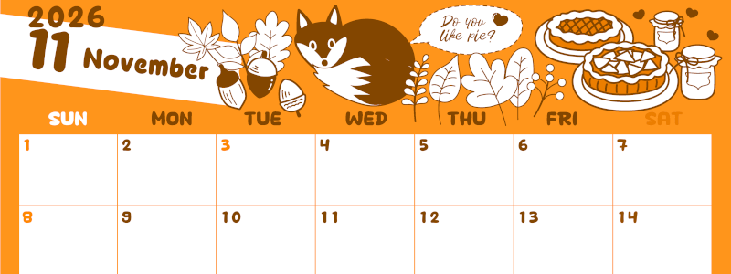 2026年11月横型日曜始まり アップルパイのイラストがかわいいA4無料オレンジのカレンダー(2026-01061100)