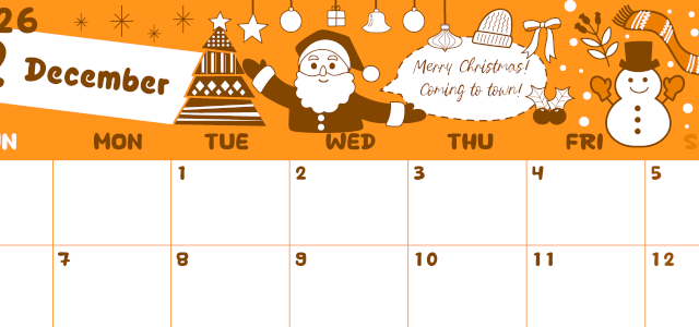 2026年12月横型日曜始まり サンタのイラストがかわいいA4無料オレンジのカレンダー(2026-01061200)