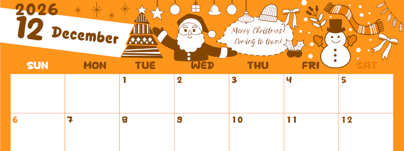 2026年12月横型日曜始まり サンタのイラストがかわいいA4無料オレンジのカレンダー(2026-01061200)