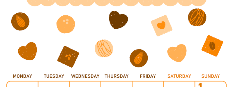 2026年2月縦型月曜始まり チョコのイラストがかわいいA4無料オレンジのカレンダー(2026-01070211)