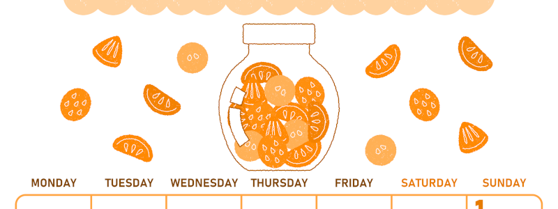 2026年3月縦型月曜始まり 果物イラストのかわいいA4無料オレンジのカレンダー(2026-01070311)