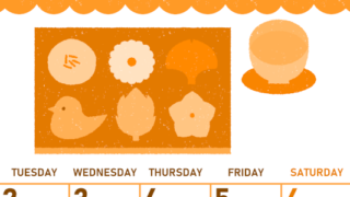 2026年6月縦型月曜始まり 和菓子イラストのかわいいA4無料オレンジのカレンダー(2026-01070611)