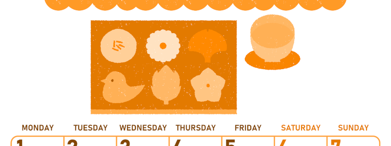 2026年6月縦型月曜始まり 和菓子イラストのかわいいA4無料オレンジのカレンダー(2026-01070611)