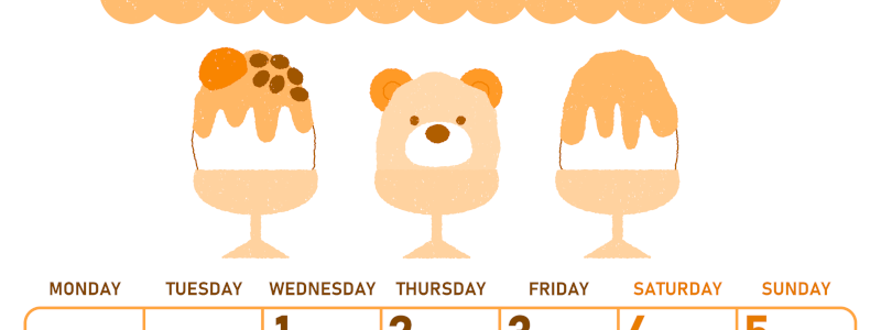 2026年7月縦型月曜始まり かき氷イラストのかわいいA4無料オレンジのカレンダー(2026-01070711)