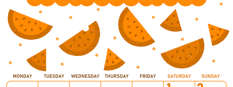 2026年8月縦型月曜始まり 季節の果物イラストのかわいいA4無料オレンジのカレンダー(2026-01070811)