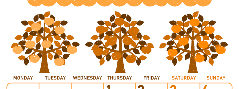 2026年10月縦型月曜始まり リンゴの木イラストのかわいいA4無料オレンジのカレンダー(2026-01071011)