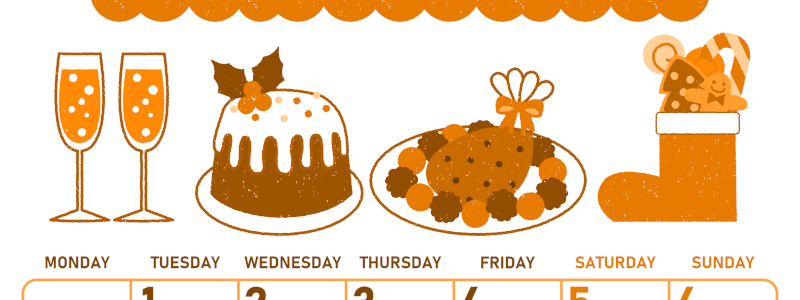 2026年12月縦型月曜始まり 御馳走イラストのかわいいA4無料オレンジのカレンダー(2026-01071211)