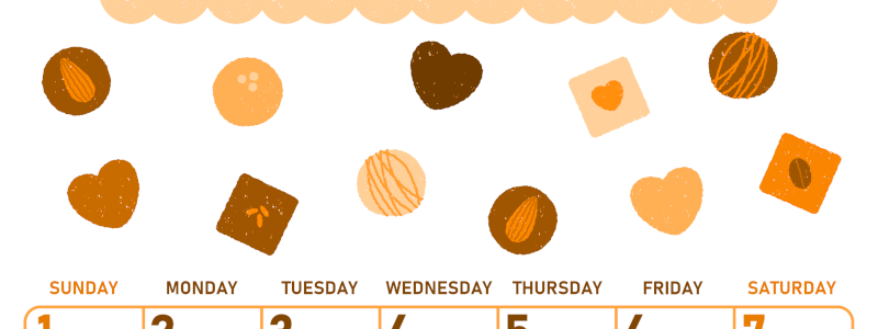 2026年2月縦型日曜始まり チョコのイラストがかわいいA4無料オレンジのカレンダー(2026-01070210)