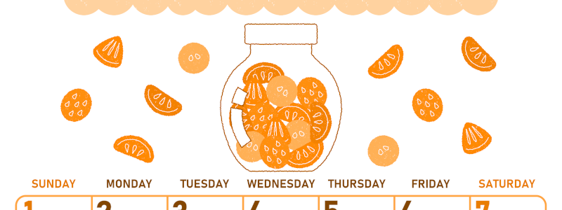 2026年3月縦型日曜始まり 果物イラストのかわいいA4無料オレンジのカレンダー(2026-01070310)