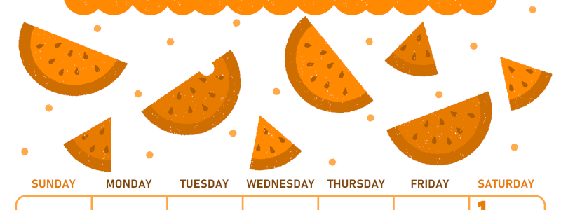 2026年8月縦型日曜始まり 季節の果物イラストのかわいいA4無料オレンジのカレンダー(2026-01070810)