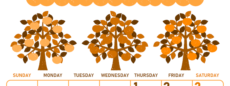 2026年10月縦型日曜始まり リンゴの木イラストのかわいいA4無料オレンジのカレンダー(2026-01071010)