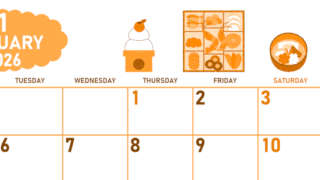 2026年1月横型月曜始まり ポップなお節イラストのかわいいA4無料オレンジのカレンダー(2026-01070101)