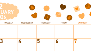 2026年2月横型月曜始まり チョコのイラストがかわいいA4無料オレンジのカレンダー(2026-01070201)